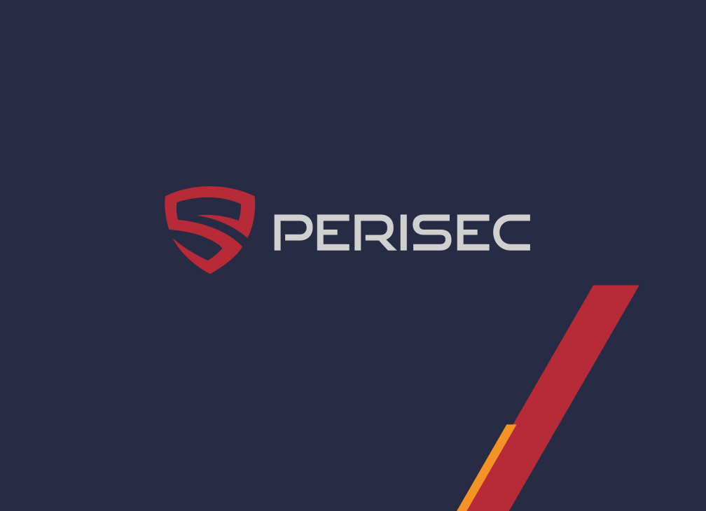 Perisec logo og mønster på mørk blå bakgrunn.