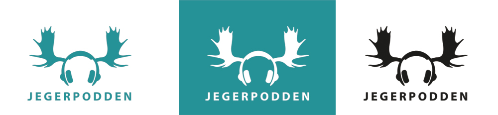 Jegerpodden logo i ulike farger på ulike farget bakgrunner.