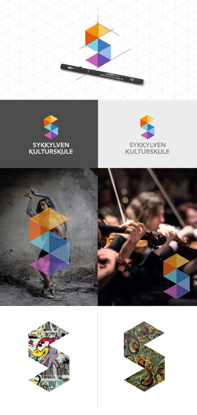 Collage av logo brukt på ulike bakgrunner og bilder.