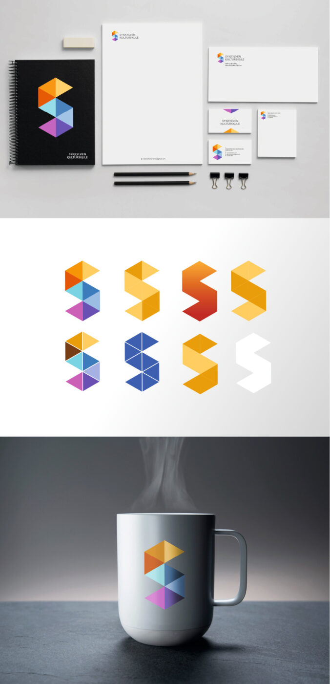 Collage av logo i bruk på notisblokk, papir, visitkortog kopp. Ulike fargekombinasjoner av logo.