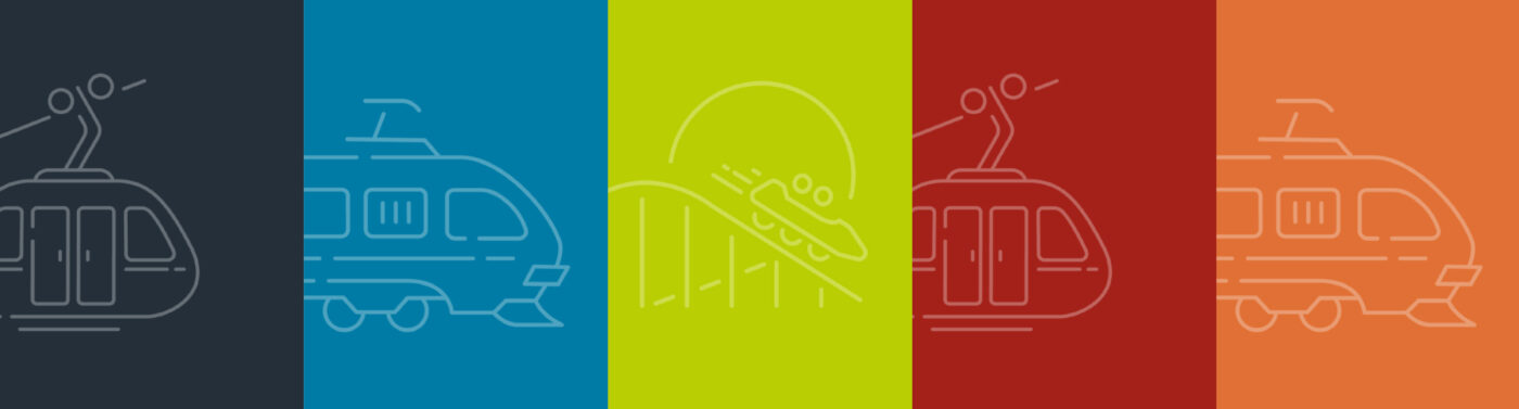 5 bokser med ulik bakgrunnsfarge. Svart, blå, grønn, rød og orange. Alle har et hvit ikon.