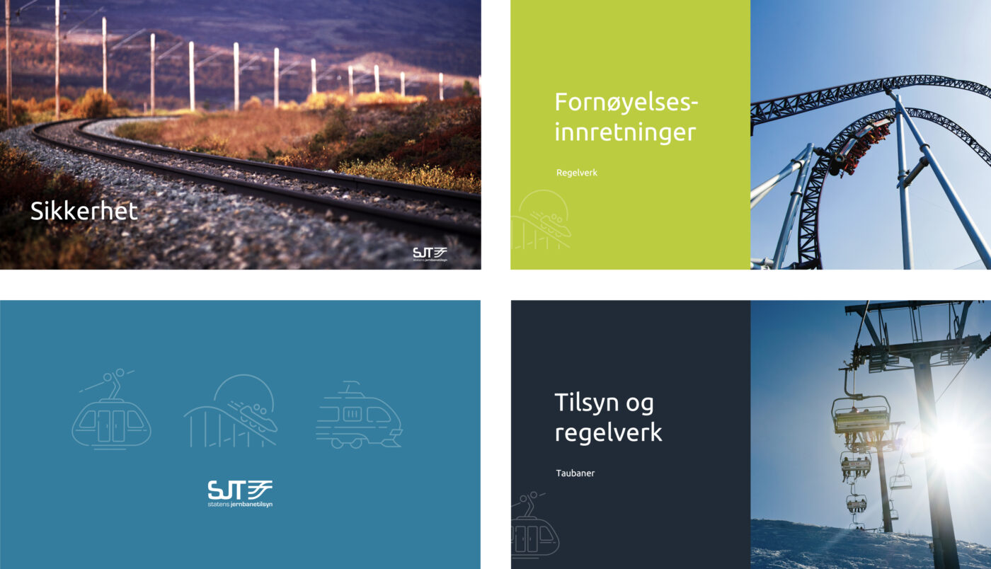 4 bilder av powerpoint malen hvor logo, ikoner og farger er tatt i bruk.